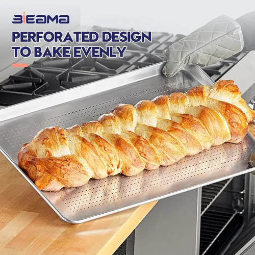 Miniatura 7 de BIEAMA Paquete de 12 bandejas perforadas de aluminio de tamaño medio de 18 x 13 pulgadas, bandejas de galletas para equipos de panadería comercial