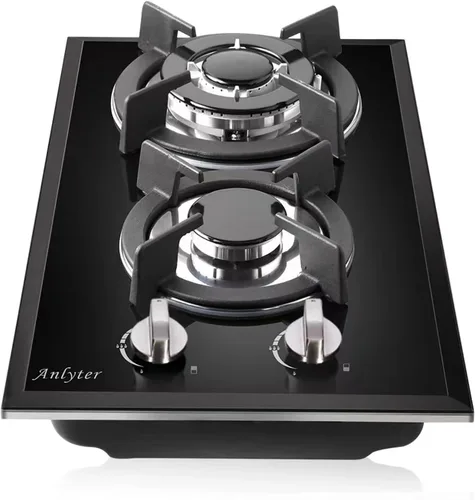 Placa de cocina de gas de 12 pulgadas, 2 quemadores incorporada, vidrio templado GLP/NG, convertible con doble combustible, color negro