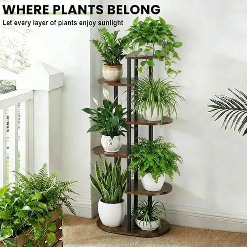 Miniatura 6 de Soporte escalonado para plantas de interior, estante alto de madera para plantas de 6 niveles y 7 macetas para múltiples plantas de flores, soporte