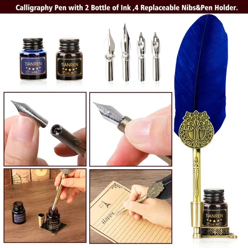 Miniatura 2 de TIANREN Juego de tinta de pluma estilográfica, Juego de Pluma y Tinta, Pluma de Caligrafía Antigua con 4 Plumillas Reemplazables, 2 Frascos