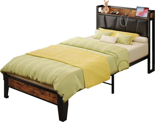 Miniatura 117 de LIKIMIO Base de cama Queen, cabecera de almacenamiento con estación de carga, sólida y estable, sin ruido, no necesita somier, fácil montaje Vintage