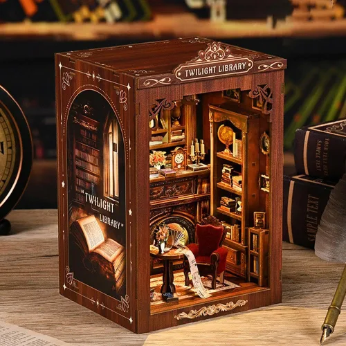 Miniatura 5 de Kits de rincón de libros para adultos, rompecabezas de madera 3D para casa de muñecas, estantería en miniatura para casa de muñecas, decoración