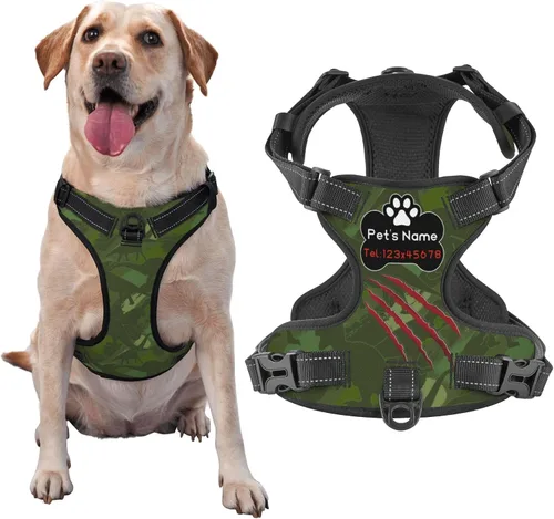 Miniatura 24 de Arnés personalizado para perro sin tirones, chaleco personalizado con bandera estadounidense vintage con número de teléfono y nombre de mascota
