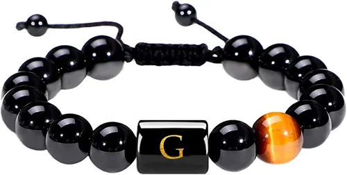 Miniatura 36 de SUMMER LOVE Regalos para el Día del Padre, pulsera con inicial de piedra de ónix negro de 0.394 pulgadas para hombres, pulsera de cuerda trenzada