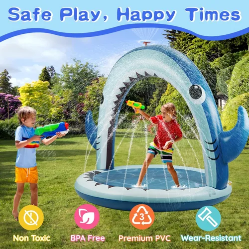 Miniatura 4 de Gleamkid Aspersor de tiburón gigante para niños, juguetes inflables de agua con rociador de 360°, 4 anillos de lanzamiento de plástico, juego