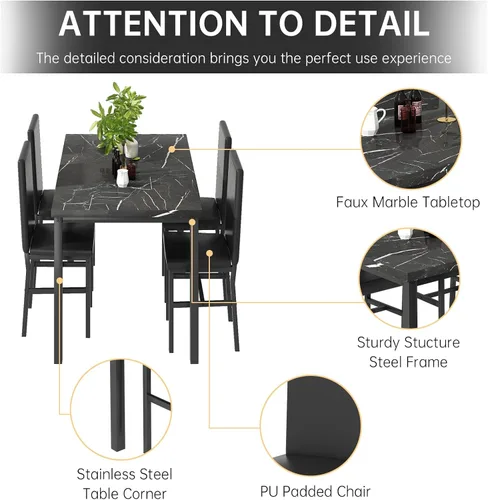 Miniatura 6 de Juego de mesa de comedor para 4, juego de comedor de mármol sintético de 5 piezas, 4 sillas tapizadas de poliuretano, muebles de mesa de cocina Negro
