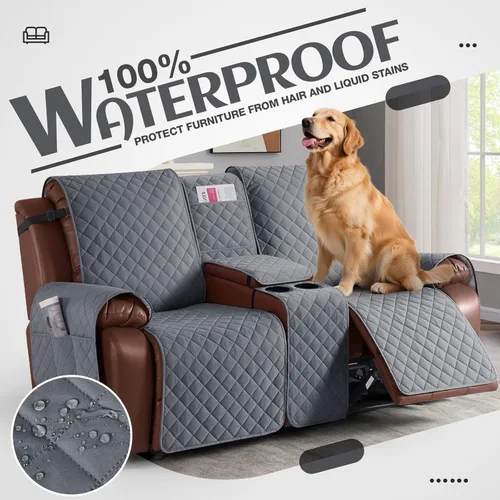 Miniatura 3 de KinCam Funda 100% impermeable para sofá biplaza reclinable con consola, fundas antideslizantes para sofá reclinable de 2 asientos, funda protectora