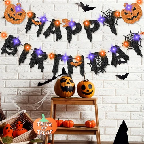 Miniatura 2 de Cartel de feliz cumpleaños de Halloween con luces, decoración de fiesta de cumpleaños de Halloween iluminada para mujeres, hombres, niñas y niños