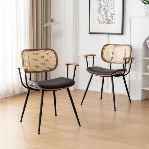 Miniatura 3 de Juego de 2 sillas de comedor de ratán, sillas auxiliares de cocina modernas de mediados de siglo, sillas de escritorio con patas de metal, sillas