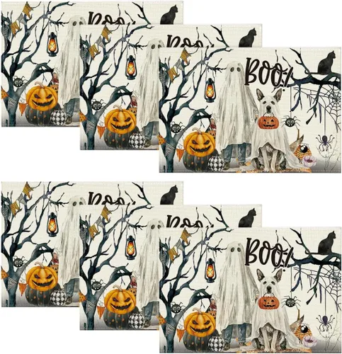 Miniatura 7 de Artoid Mode Juego de 4 manteles individuales de Halloween con diseño de calabazas fantasmas, árbol y perro, 12 x 18 pulgadas, para decoración