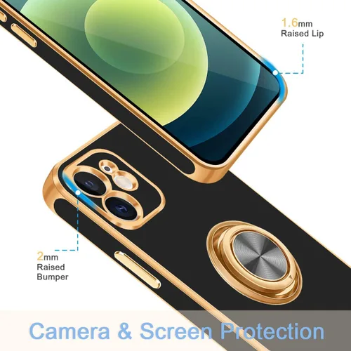 Miniatura 6 de Fingic Funda para iPhone 12 con Soporte de Anillo, [Soporte de Anillo Giratorio de 360° Magnético con Base] [Borde Dorado Brillante con Enchapado]