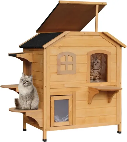 Miniatura 7 de 2-Story Cat House with Multiple Entrances - Outdoor & Indoor Wooden Cat Condo with Asphalt Roof, Waterproof Paint, Jump Ledges & Easy-Clean Opening