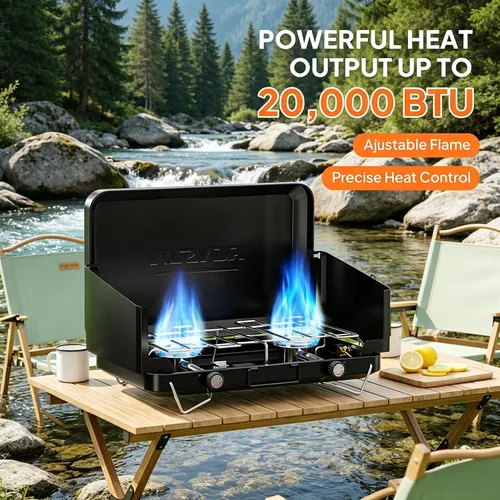 Miniatura 3 de ROVSUN 20000 BTU Propane Camping Stove with Adapter, 2 Burner Tabletop Portable Propane Camp Stove with Built-in Handle & Foldable Wind Panel for