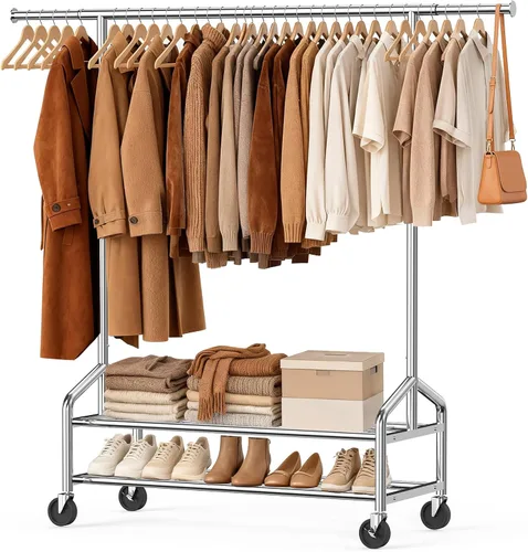 Miniatura 10 de Perchero de ropa resistente, 650 libras de carga para colgar ropa con 2 estantes resistentes, perchero de metal con ruedas para dormitorio
