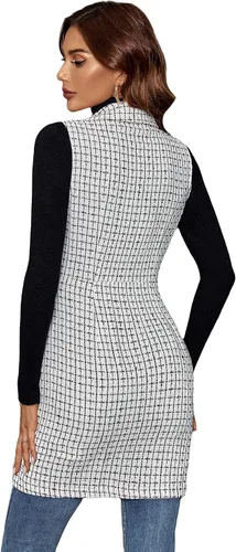 Miniatura 2 de GORGLITTER Chaqueta larga a cuadros de doble botonadura para mujer sin mangas chaqueta larga con bolsillos