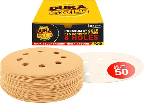 Miniatura 21 de Dura-Gold Discos de papel de lija premium de grano 220 de 5 pulgadas, patrón de 8 agujeros, sin polvo, 50 discos, soporte de gancho y bucle