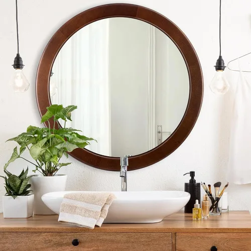 Miniatura 4 de CULER Espejo redondo de madera de 24 pulgadas, espejo circular con marco de nogal para pared, espejo de pared redondo decorativo rústico para baño