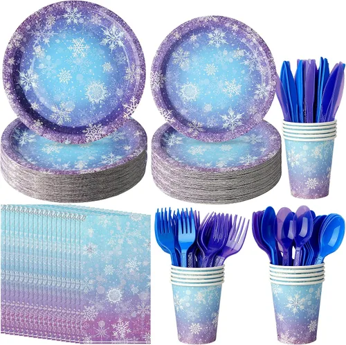 Kit de vajilla mágica para fiesta de Frozen Wonderland – 161 suministros de cumpleaños de copos de nieve de invierno azules y morados para niños,