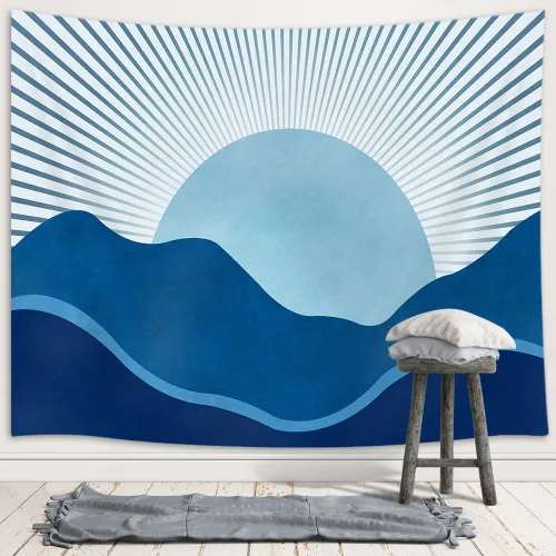 Miniatura 2 de JAWO Tapiz Bohemio Azul, Tapiz de Naturaleza con Montaña Abstracta y Sol Dorado para Colgar en la Pared para Dormitorio, Tapices de Paisaje