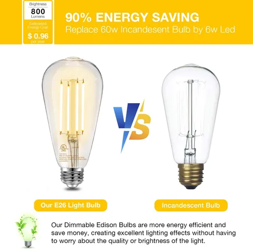 Miniatura 4 de DAYBETTER Bombillas LED Edison vintage, bombilla LED E26 equivalente a 60 W, bombillas LED regulables, alto brillo 6 W 800 LM, blanco cálido 2700 K
