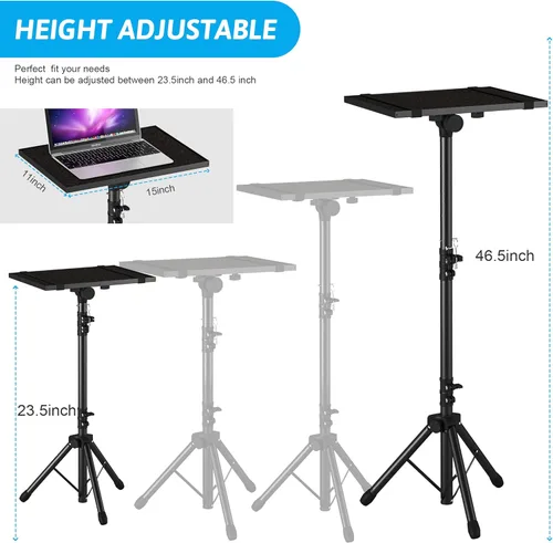 Miniatura 4 de Trípode ajustable para proyector, altura de laptop de 23.5 a 46.5 pulgadas con soporte para teléfono de cuello de cisne, piso para oficina, hogar