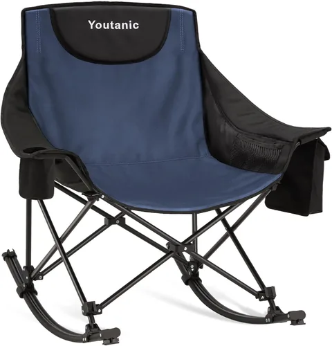 Youtanic Mecedora plegable de gran tamaño, silla mecedora portátil acolchada con bolsillos, portavasos y bolsa de transporte, silla de patio Azul