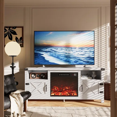 Miniatura 5 de Furmax - Soporte de TV con chimenea para televisor de 65 pulgadas, centro de entretenimiento con gabinetes de almacenamiento y 2 estantes abiertos