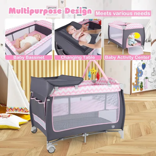 Miniatura 8 de BABY JOY 4 en 1 Pack and Play, corralito de juego portátil para bebés con moisés, puerta con cremallera lateral, mesa de cambio, centro