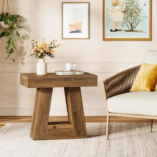 Miniatura 9 de Tribesigns Mesa auxiliar moderna de 24 pulgadas, mesa auxiliar de madera estrecha de 2 niveles con base trapezoidal, mesita de noche pequeña