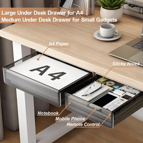 Miniatura 3 de SVNNELP Organizador de Almacenamiento de Cajón de Mesa Bajo el Escritorio, Paquete de 2 Cajones de Escritorio Deslizables Grandes y Medianos
