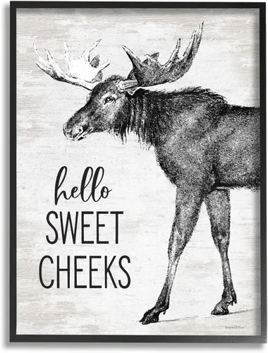 Stupell Industries Hello Sweet Cheeks - Divertido humor rústico para baño, diseño de alce rústico con letras y forrado, arte de pared enmarcado en