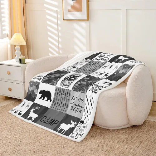 Miniatura 3 de Manfei Manta de camping gris y negro camuflaje a cuadros para niños y adolescentes, manta de ciervos con osos rústicos para sofá, manta de vellón