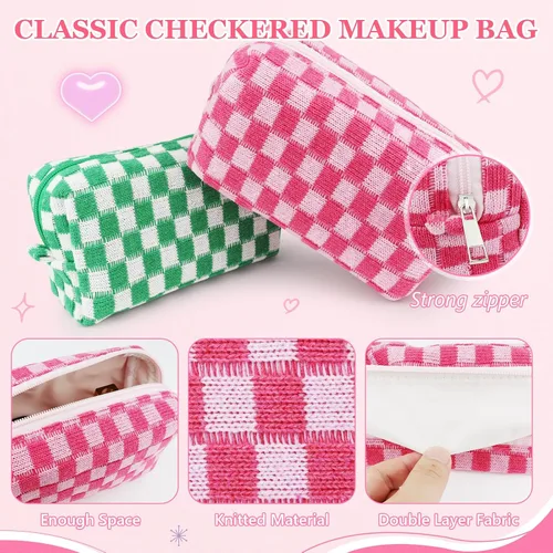 Miniatura 5 de Set de bolsa de maquillaje a cuadros Preppy con 7 pulseras Heishi y 50 pegatinas rosas, linda bolsa de viaje para cosméticos, regalos perfectos