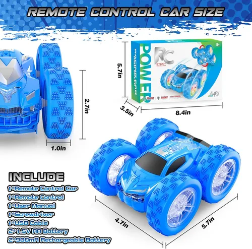 Miniatura 6 de Wupuaait Auto a control remoto para niños, autos de acrobacias a control remoto, juguetes para niños de 4 a 7 años con patrón de doble cara y flash