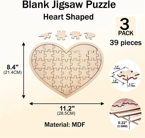 Miniatura 4 de Paquete de 3 rompecabezas de madera en blanco en forma de corazón de 11.2 x 8.4 pulgadas, tablero de rompecabezas de madera sin terminar, lienzo