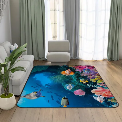 Miniatura 26 de Alfombra de ilusión óptica 3D azul y verde, patrón geométrico de remolino, para dormitorio, sala de estar, decoración de interiores, 63 x 47