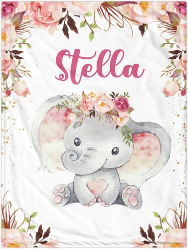 J&SBGFT Manta personalizada para bebé niña, manta de recepción de elefante, regalo personalizado para bebé, esenciales para recién nacidos, 30 x 40