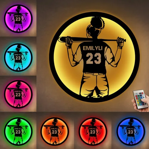 Miniatura 12 de Letrero de metal personalizado para jugador de sóftbol con luz LED, nombre y número personalizado, arte de pared de sóftbol, letrero de neón