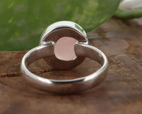 Miniatura 6 de Anillo de plata de cuarzo rosa Anillo de cuarzo rosa redondo natural Plata de ley 925 Joyería hecha a mano