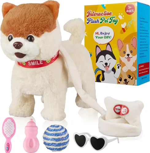 Marsjoy Juguete de perro musical que camina y baila con correa - Animal de peluche interactivo para niños y niñas Pomerania