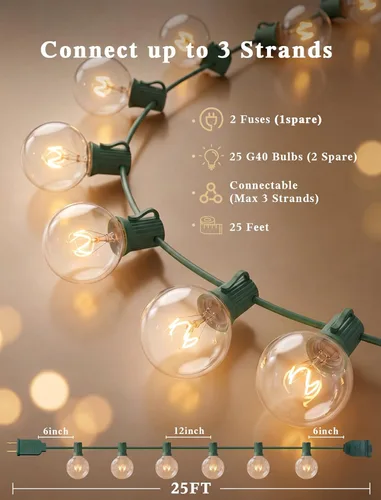 Miniatura 2 de Cadena de luces navideñas para exteriores de 25 pies, luces de patio globo G40 con 27 bombillas de vidrio transparente (2 de repuesto), luces