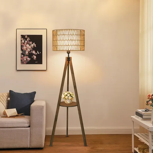 Miniatura 6 de LAMSU Lámparas de pie estilo bohemio con trípode para sala de estar, lámpara de pie de madera de ratán con pantallas de tela, lámpara de pie