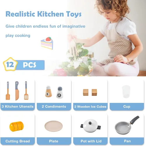 Miniatura 4 de Costzon Cocina de juego de 2 piezas, juego de cocina de juguete de madera con refrigerador, máquina de hielo, campana extractora, horno