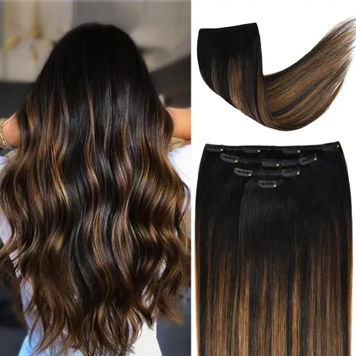 Miniatura 45 de Extensiones de cabello humano Remy de 12 pulgadas con clip para mujer, extensiones de cabello humano sedoso y liso, 1.76 onzas, 4 piezas