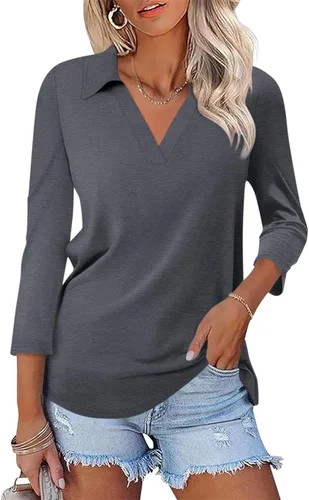 Miniatura 23 de TICTICMISS - Camisas polo de cuello en V para mujer, manga 3/4, con cuello, tops casuales de negocios, tops de verano a la moda, holgados