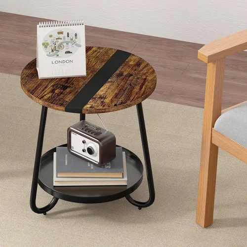 Miniatura 7 de Mesa auxiliar de 2 niveles para sala de estar, mesa de centro redonda de estilo industrial con bandeja de metal, mesa de centro pequeña de madera