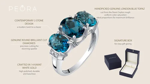 Miniatura 4 de Peora Anillo trino de tres piedras de oro blanco macizo de 14 quilates y piedras preciosas auténticas o creadas para mujer, tallas 5 a 9, Metal