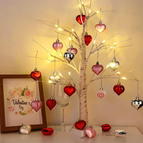 Miniatura 5 de Decoraciones para el día de San Valentín, decoración de corazón, 36 piezas de adornos de plástico rojo, plateado, rosa, blanco, árbol de Navidad