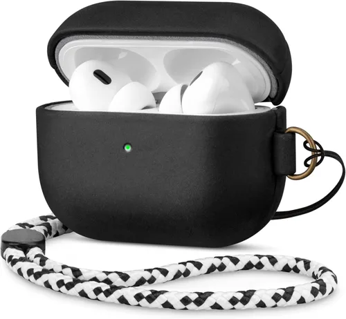 Miniatura 26 de Maogoam Funda de cuero genuino para AirPods Pro 2, botón de sincronización, diseño de clip en D con cordón de mano, funda de cuero encerado
