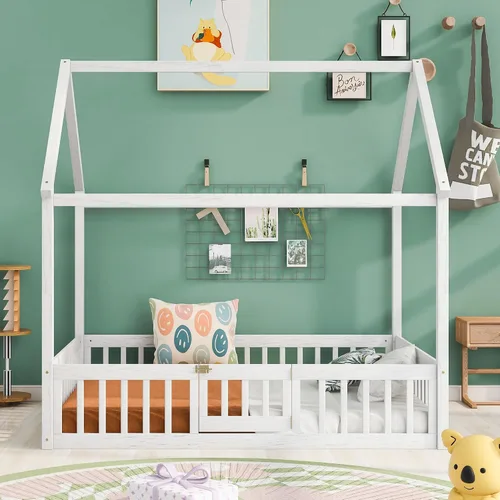 Miniatura 12 de Marco de cama para niños, marco de cama en forma de casa, cama de madera de tamaño individual con valla para niños, adolescentes, niñas, niños